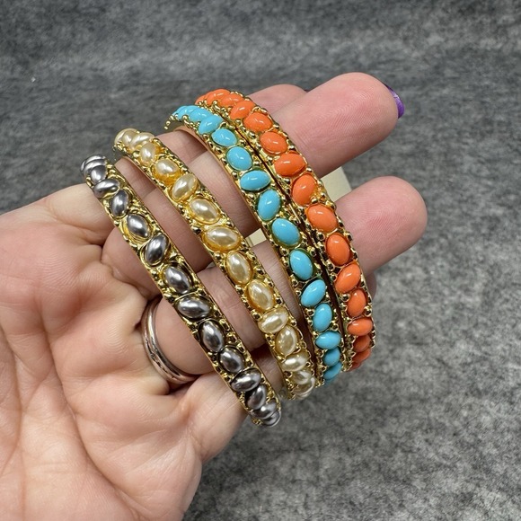 Kenneth Jay Lane KJL Bangles Bracelets Set Cabochan Turquoise Coral Silver Pearl - Picture 6 of 8